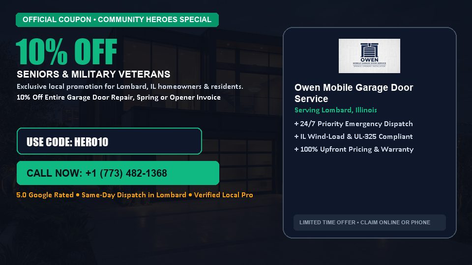 Owen Mobile Garage Door Service 10% OFF Seniors & Military Veterans in Lombard, IL